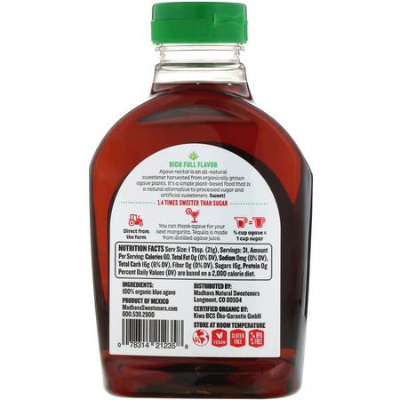龍舌蘭花蜜, 甜味劑: Madhava Natural Sweeteners, Organic Amber Raw Blue Agave, 23.5 oz (667 g)