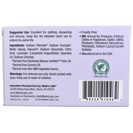 卡斯提爾香皂, 皂條: Madre Labs, Castile Lavender, Bar Soap, Vegan, 5 oz (141 g)