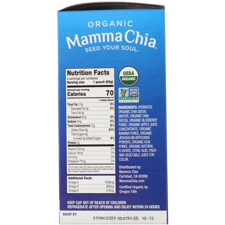擠壓小袋, 零食: Mamma Chia, Organic Chia Prebiotic Squeeze, Blueberry Acai, 4 Pouches, 3.5 oz (99 g) Each