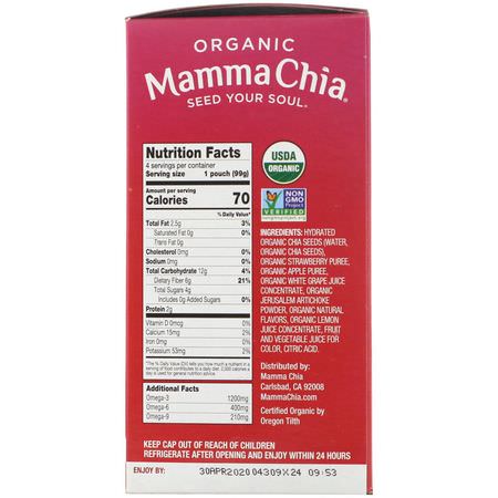 擠壓小袋, 零食: Mamma Chia, Organic Chia Prebiotic Squeeze, Strawberry Lemonade, 4 Pouches, 3.5 oz (99 g) Each