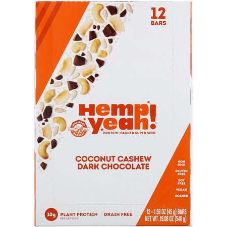 營養棒, 植物性蛋白棒: Manitoba Harvest, Hemp Yeah! Protein-Packed Super Seed Bar, Coconut Cashew Dark Chocolate, 12 Bars, 1.59 oz (45 g) Each