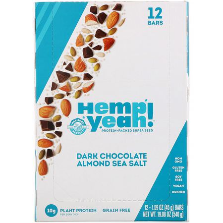 營養棒, 植物性蛋白棒: Manitoba Harvest, Hemp Yeah! Protein-Packed Super Seed Bar, Dark Chocolate Almond Sea Salt, 12 Bars, 1.59 oz (45 g) Each