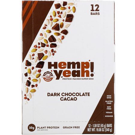 營養棒, 植物性蛋白棒: Manitoba Harvest, Hemp Yeah! Protein-Packed Super Seed Bar, Dark Chocolate Cacao, 12 Bars, 1.59 oz (45 g) Each