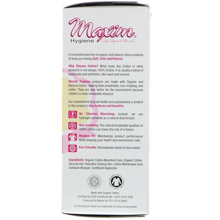衛生棉條, 女性衛生: Maxim Hygiene Products, Organic Cotton Cardboard Applicator Tampons, Regular, 16 Tampons