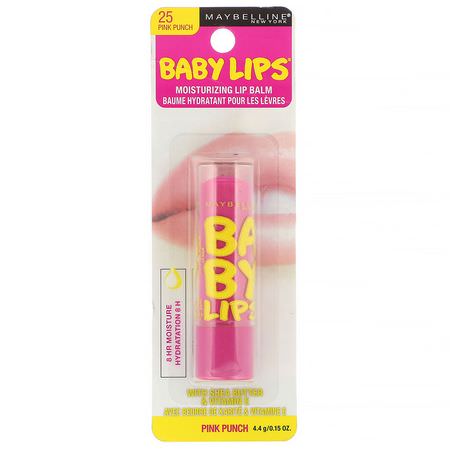 治療, 護唇膏: Maybelline, Baby Lips, Moisturizing Lip Balm, 25 Pink Punch, 0.15 oz (4.4 g)