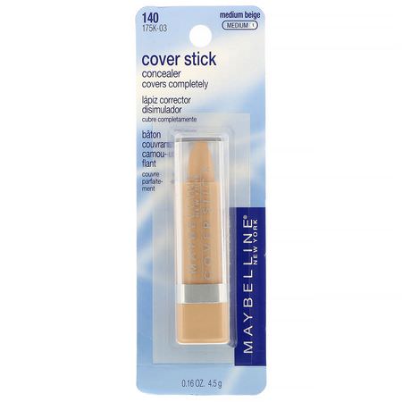 遮瑕膏, 臉部: Maybelline, Cover Stick Concealer, 140 Medium Beige, 0.16 oz (4.5 g)