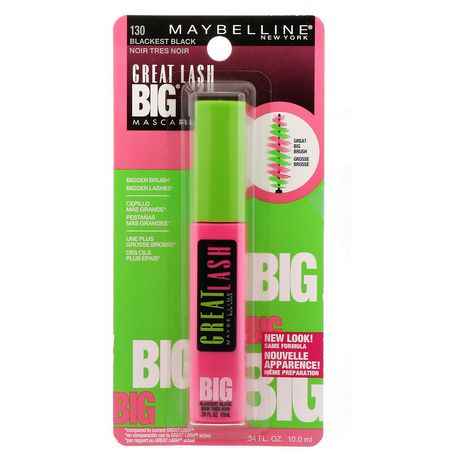 睫毛膏, 眼睛: Maybelline, Great Lash, Big Mascara, 130 Blackest Black, 0.34 fl oz (10 ml)