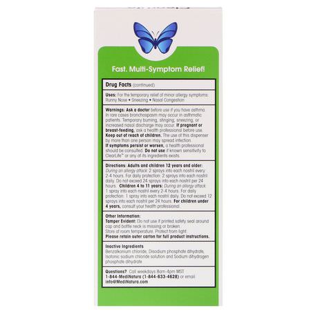 鼻腔噴霧, 鼻竇沖洗: MediNatura, ClearLife, Safe Relief, Allergy Relief Nasal Spray, 0.68 fl oz (20 ml)