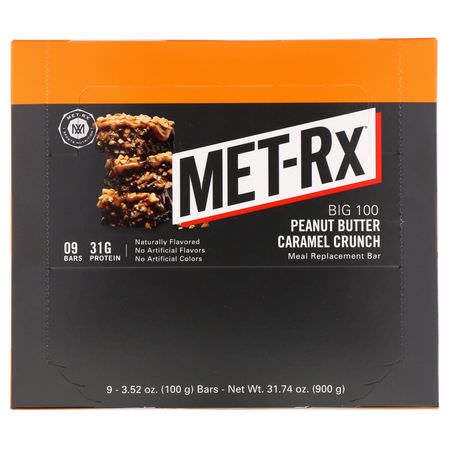 餐吧, 運動吧: MET-Rx, Big 100, Meal Replacement Bar, Peanut Butter Caramel Crunch, 9 Bars, 3.52 oz (100 g) Each
