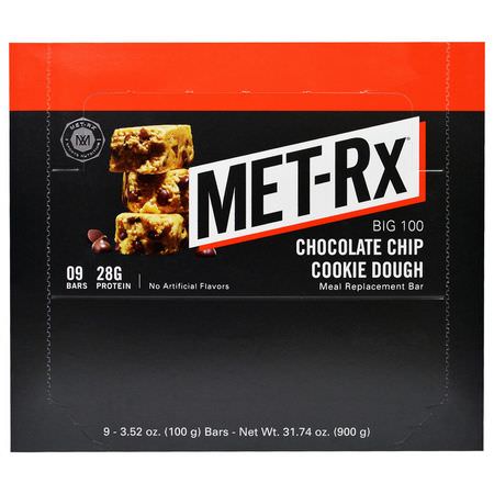 餐吧, 運動吧: MET-Rx, Big 100, Meal Replacement Bar, Chocolate Chip Cookie Dough, 9 Bars, 3.52 oz (100 g) Each