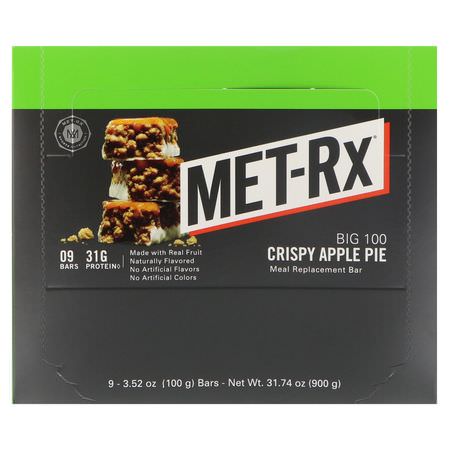 餐吧, 運動吧: MET-Rx, Big 100, Meal Replacement Bar, Crispy Apple Pie, 9 Bars, 3.52 oz (100 g) Each