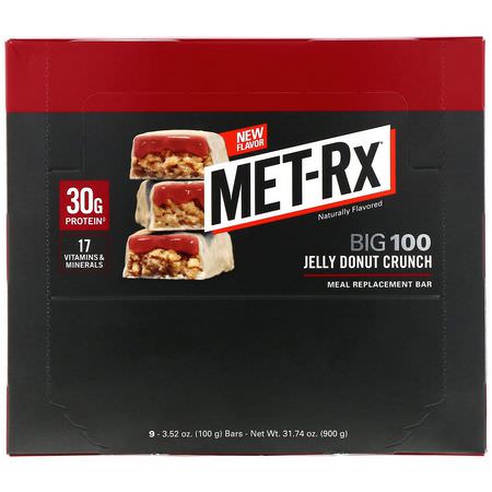 餐吧, 運動吧: MET-Rx, Big 100, Meal Replacement Bar, Jelly Donut Crunch, 9 bars, 3.52 oz (100 g) Each