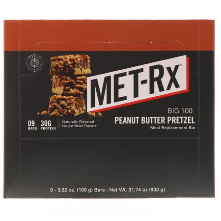 餐吧, 運動吧: MET-Rx, Big 100, Meal Replacement Bar, Peanut Butter Pretzel, 9 Bars, 3.52 oz (100 g) Each