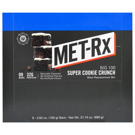 餐吧, 運動吧: MET-Rx, Big 100, Meal Replacement Bar, Super Cookie Crunch, 9 Bars, 3.52 oz (100 g) Each