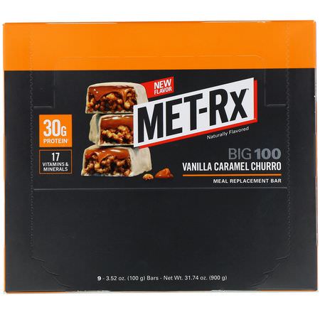 餐吧, 運動吧: MET-Rx, Big 100, Meal Replacement Bar, Vanilla Caramel Churro, 9 bars, 3.52 oz (100 g) Each