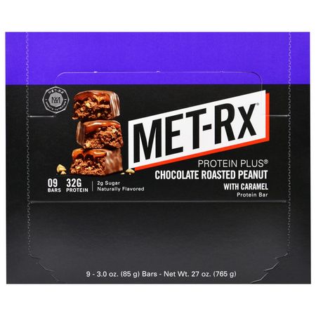 牛奶蛋白棒, 乳清蛋白棒: MET-Rx, Protein Plus Bar, Chocolate Roasted Peanut with Caramel, 9 Bars, 3.0 oz (85 g) Each