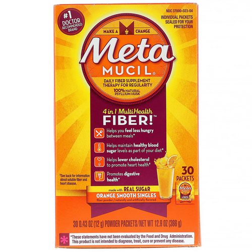 Metamucil, 4 in 1 MultiHealth Fiber, Orange Smooth Singles, 30 Packets, 0.43 oz (12 g) Each Review