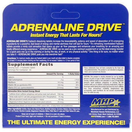 咖啡因, 興奮劑: MHP, Adrenaline Drive, Spearmint, 30 Fastsorb Tablets