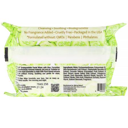 卸妝, 化妝: Mild By Nature, Aloe & Cucumber Facial Wipes, Biodegradable, 30 Pre-Moistened Towelettes