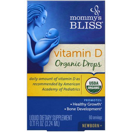 兒童維生素D, 健康: Mommy's Bliss, Vitamin D, Organic Drops, Newborn +, 0.11 fl oz (3.24 ml)