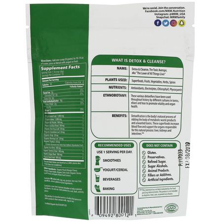 超級食品, 綠色食品: MRM, Organic Detox & Cleanse Powder, Peach Mango, 4.2 oz (120 g)