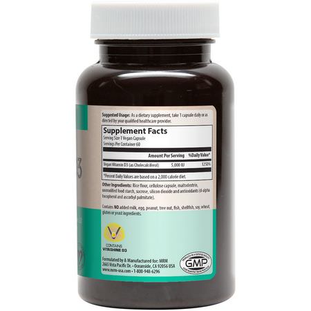 D3膽鈣化固醇, 維生素D: MRM, Vegan Vitamin D3, 5,000 IU, 60 Vegan Capsules
