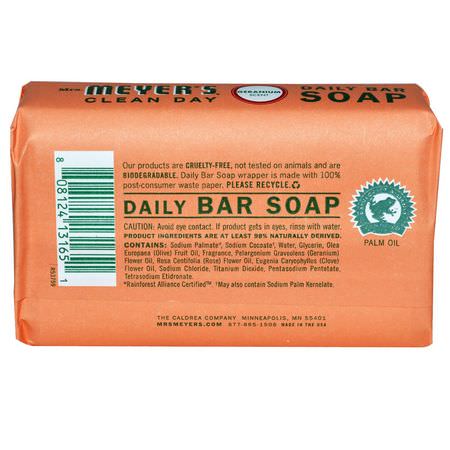 肥皂, 淋浴: Mrs. Meyers Clean Day, Daily Bar Soap, Geranium Scent, 5.3 oz (150 g)
