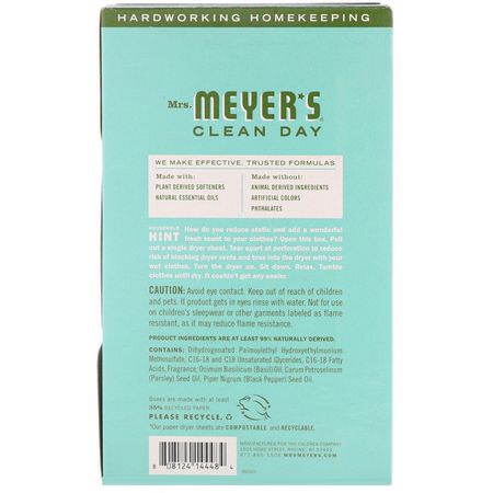 乾燥, 織物柔軟劑: Mrs. Meyers Clean Day, Dryer Sheets, Basil Scent, 80 Sheets