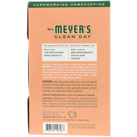 乾燥, 織物柔軟劑: Mrs. Meyers Clean Day, Dryer Sheets, Geranium Scent, 80 Sheets