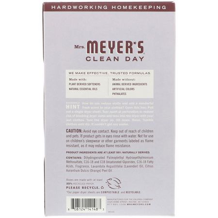乾燥, 織物柔軟劑: Mrs. Meyers Clean Day, Dryer Sheets, Lavender Scent, 80 Sheets