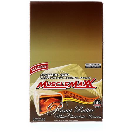 能量棒, 運動棒: MuscleMaxx, High-Protein Energy Snack, Protein Bar, Peanut Butter White Chocolate Heaven, 12 Bars, 2 oz (57 g) Each