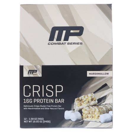 乳清蛋白棒, 蛋白棒: MusclePharm, Combat Crisp Protein Bar, Marshmallow, 12 Bars, 1.59 oz (45 g) Each