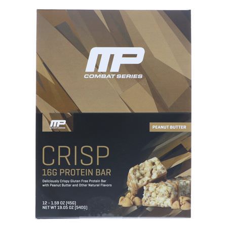 乳清蛋白棒, 蛋白棒: MusclePharm, Combat Crisp Protein Bar, Peanut Butter, 12 Bars, 1.59 oz (45 g) Each