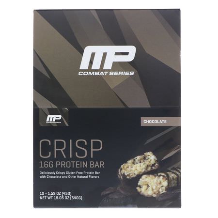 乳清蛋白棒, 蛋白棒: MusclePharm, Combat Crisp Protein Bars, Chocolate, 12 Bars, 1.59 oz (45 g) Each