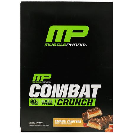 牛奶蛋白棒, 乳清蛋白棒: MusclePharm, Combat Crunch, Caramel Candy Bar, 12 Bars, 2.57 oz (73 g) Each