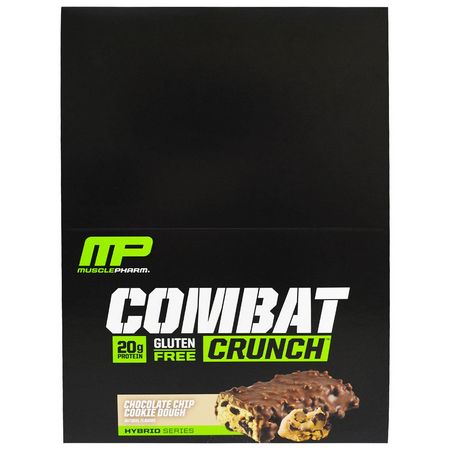 牛奶蛋白棒, 乳清蛋白棒: MusclePharm, Combat Crunch, Chocolate Chip Cookie Dough, 12 Bars, 63 g Each