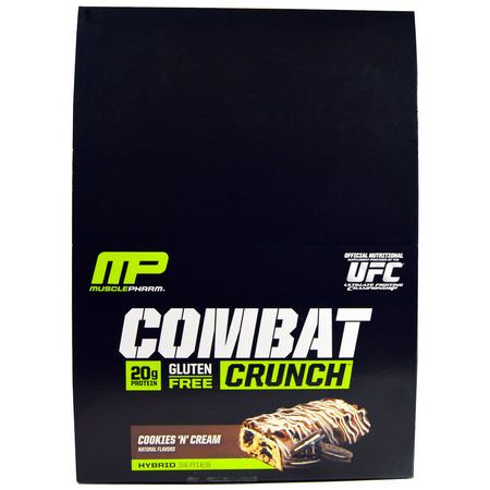 牛奶蛋白棒, 乳清蛋白棒: MusclePharm, Combat Crunch, Cookies 'N' Cream, 12 Bars, 2.22 oz oz (63 g) Each