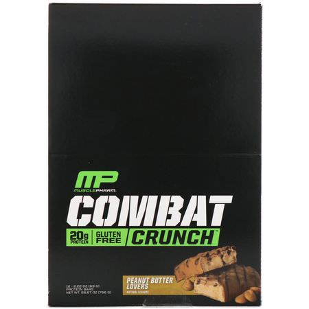 牛奶蛋白棒, 乳清蛋白棒: MusclePharm, Combat Crunch, Peanut Butter Lovers, 12 Bars, 2.22 oz (63 g) Each