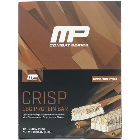 乳清蛋白棒, 蛋白棒: MusclePharm, Combat Series, Crisp Protein Bars, Cinnamon Twist, 12 Bars, 1.59 oz (45 g) Each