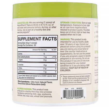 BCAA, 氨基酸: MusclePharm, Natural BCAA, Lemonade, 0.56 lbs (255 g)