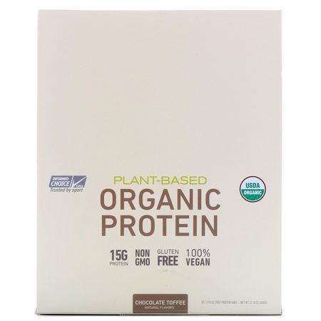 基於植物的植物蛋白: MusclePharm Natural, Plant-Based Organic Protein Bar, Chocolate Toffee, 12 Bars, 1.76 oz (50 g) Each