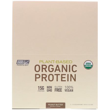 基於植物的植物蛋白: MusclePharm Natural, Plant-Based Organic Protein Bar, Peanut Butter, 12 Bars, 1.76 oz (50 g) Each