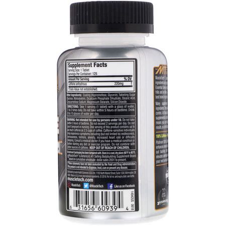 能量, 補品: Muscletech, Essential Series, Platinum 100% Caffeine, 220 mg, 125 Tablets