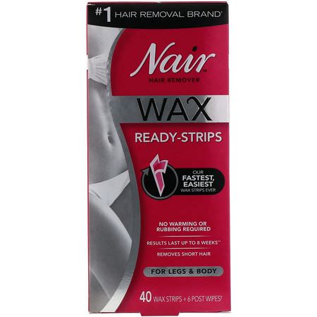 蠟, 脫毛: Nair, Hair Remover, Wax Ready-Strips, For Legs & Body, 40 Wax Strips + 6 Post Wipes