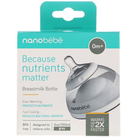 乳頭, 嬰兒奶瓶: Nanobebe, Breastmilk Bottle, 0+ Months, Gray, Single Pack, 5 oz (150 ml)