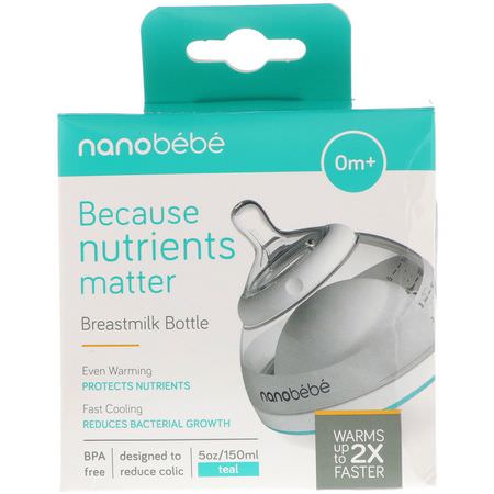 乳頭, 嬰兒奶瓶: Nanobebe, Breastmilk Bottle, 0+ Months, Teal, Single Pack, 5 oz (150 ml)