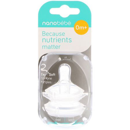 乳頭, 嬰兒奶瓶: Nanobebe, Silicone Nipples, 0+ Months, Slow Flow, 2 Pack