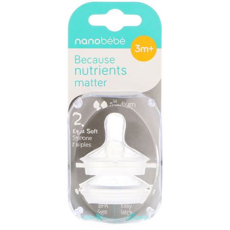 乳頭, 嬰兒奶瓶: Nanobebe, Silicone Nipples, 3+ Months, Medium Flow, 2 Pack