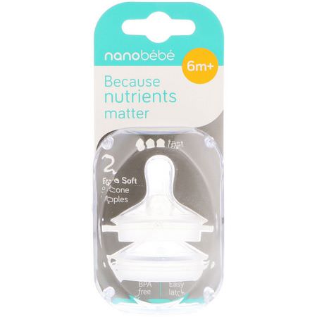 乳頭, 嬰兒奶瓶: Nanobebe, Silicone Nipples, 6+ Months, Fast Flow, 2 Pack