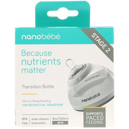乳頭, 嬰兒奶瓶: Nanobebe, Transition Bottle, Stage 2, Gray, Single Pack, 8 oz (240 ml)